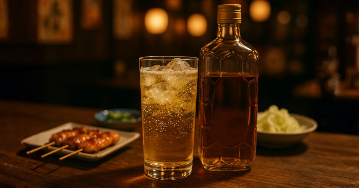 บรรยากาศร้านอิซากายะญี่ปุ่นยามค่ำ โต๊ะไม้กับแก้ว Highball ฟองโซดากำลังไต่ขึ้น สื่อถึงวัฒนธรรมหลังเลิกงานยุคโชวะ