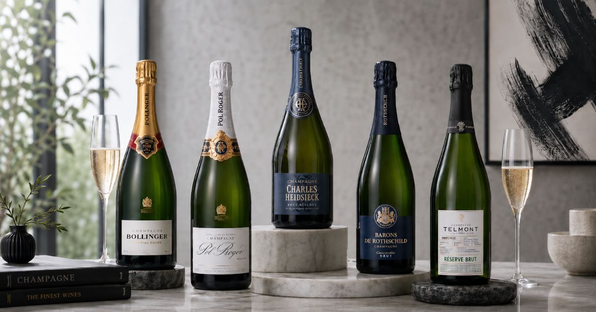 ขวดแชมเปญกรองด์มาร์กห้าหลังวางเรียงกัน ได้แก่ Bollinger, Pol Roger, Charles Heidsieck, Barons de Rothschild และ Telmont