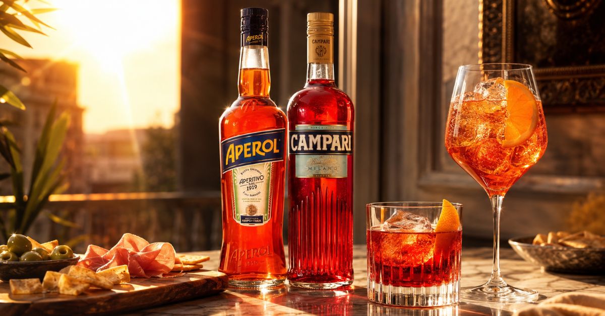 แก้ว Negroni สีแดงทับทิมพร้อม ice cube และเปลือกส้ม วางบนบาร์ไม้
