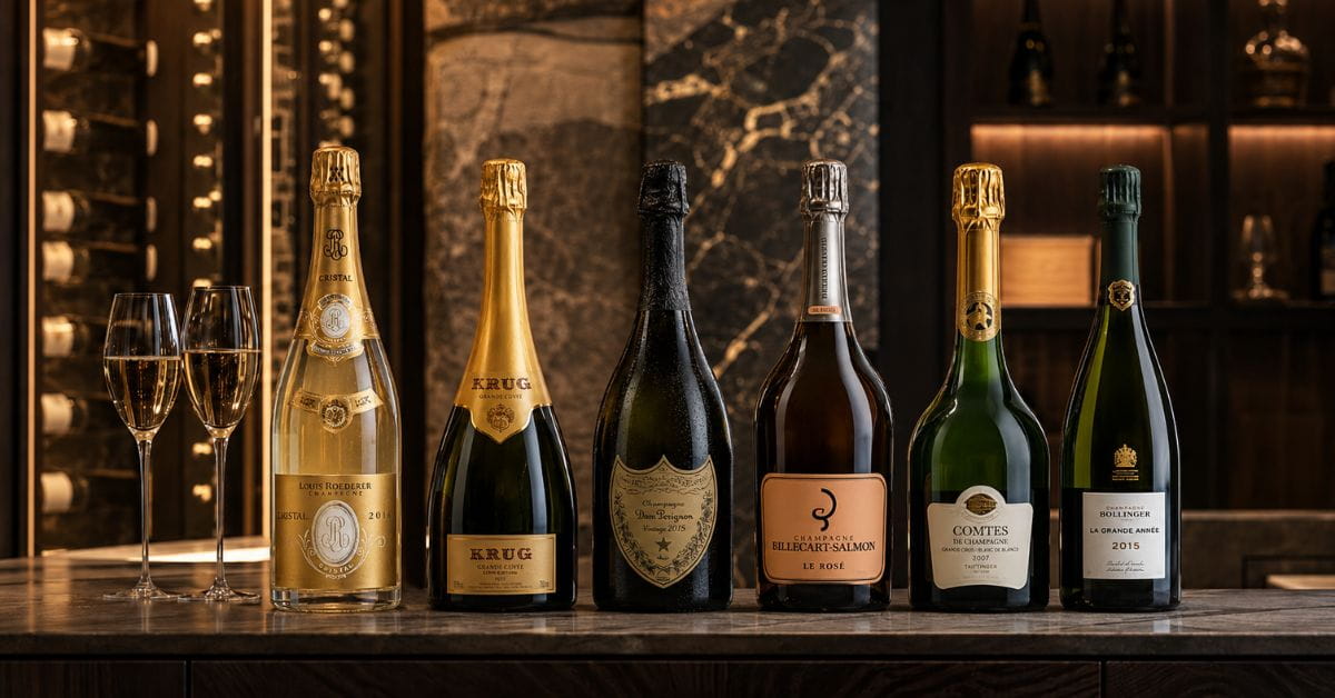 ขวด prestige champagne หลายยี่ห้อเรียงในห้องไวน์ บรรยากาศหรูหรา