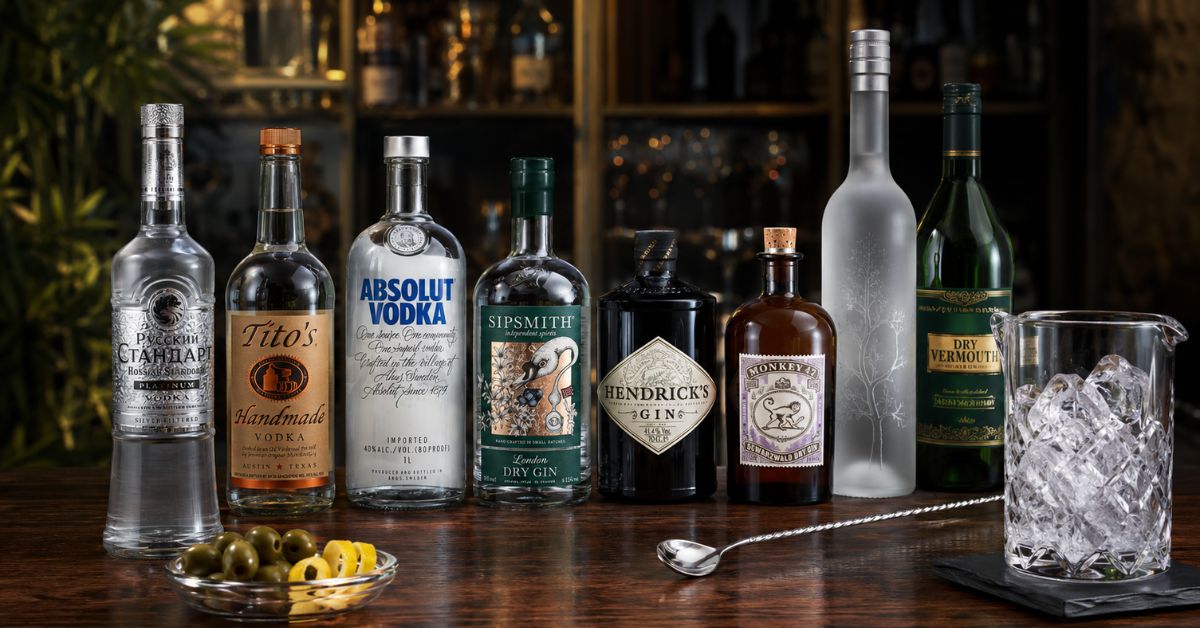 เปรียบเทียบ Vodka Martini กับ Gin Martini สองแก้วเคียงกัน สื่อถึงความต่างของฐานสุรา