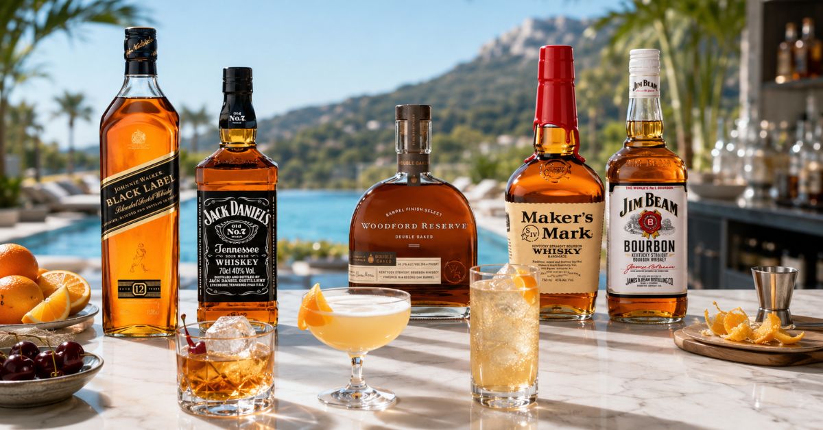 ขวดวิสกี้ bourbon และ blended สำหรับทำ Whisky Sour วางคู่กับเลมอนสด