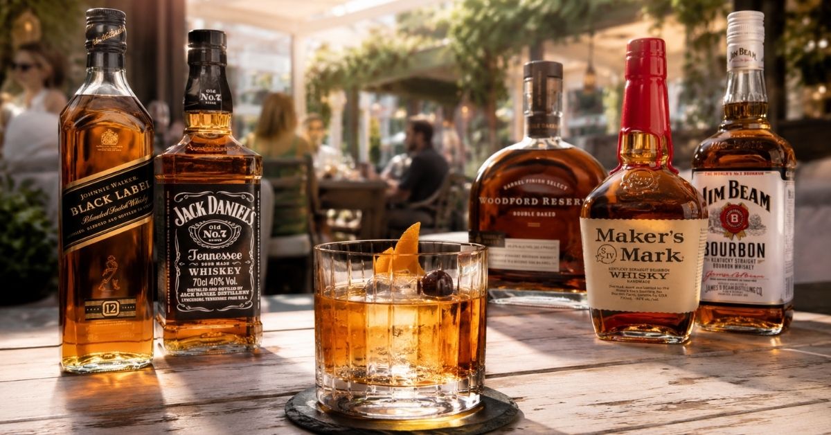 แก้ว Whisky Sour สีอำพันมีฟองไข่ขาวนุ่มบนผิว หยดแองโกสตูราบิตเตอร์เป็นลวดลาย ตกแต่งด้วยเชอร์รีและสไลซ์ส้ม